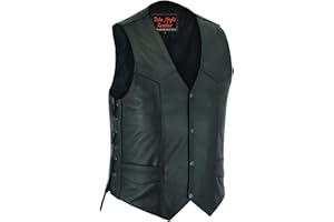 DS DANIEL SMART Daniel Smart Biker Vest for Men Economy Cowhide Black Motorcycle Vest with Unique V-Shaped Design and Multiple Pockets