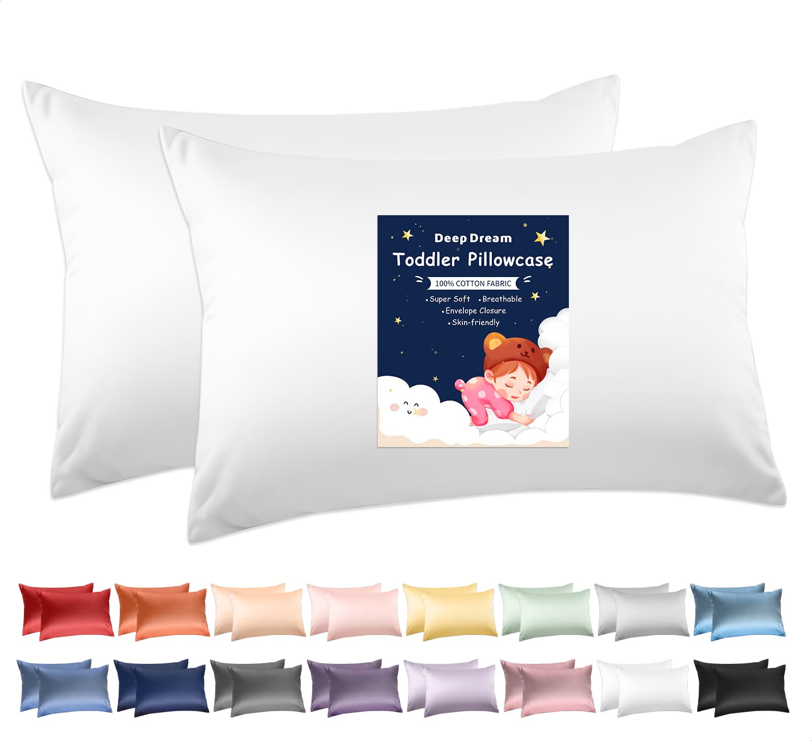 Photo 1 of Deep Dream 100% Cotton Toddler Pillowcases Set of 2, 13x18 Inches Fits Baby Pillow Sized 12x16, 13x18, 600 Thread Count Cotton Small Travel Kids Pillow Case Covers with Envelope Closure, White