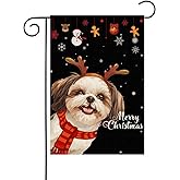 HILILIAN Merry Christmas Shih Tzu Garden Flag 12x18 Vertical Double Sided Winter Dog Christmas antlers Red Striped Scarf Holiday Outside Decorations Burlap Yard Flag(7633)