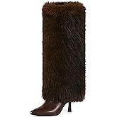 QLR Womens 3.3-inch Kitten Heel Knee High Fur Boots Furry Fuzzy Fluffy Pointed Toe Boots for Women Tall Wide Calf Fall Winter Snow Fold Over Boot with Side Zipper