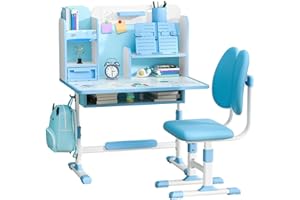 GOODLIEST Kids Desk and Chair Set, Height Adjustable Kid Desk with Storage Drawers and Bookshelf, Ergonomic Desk for Kids, Curved Desktop Reading Writing Table (Blue A)