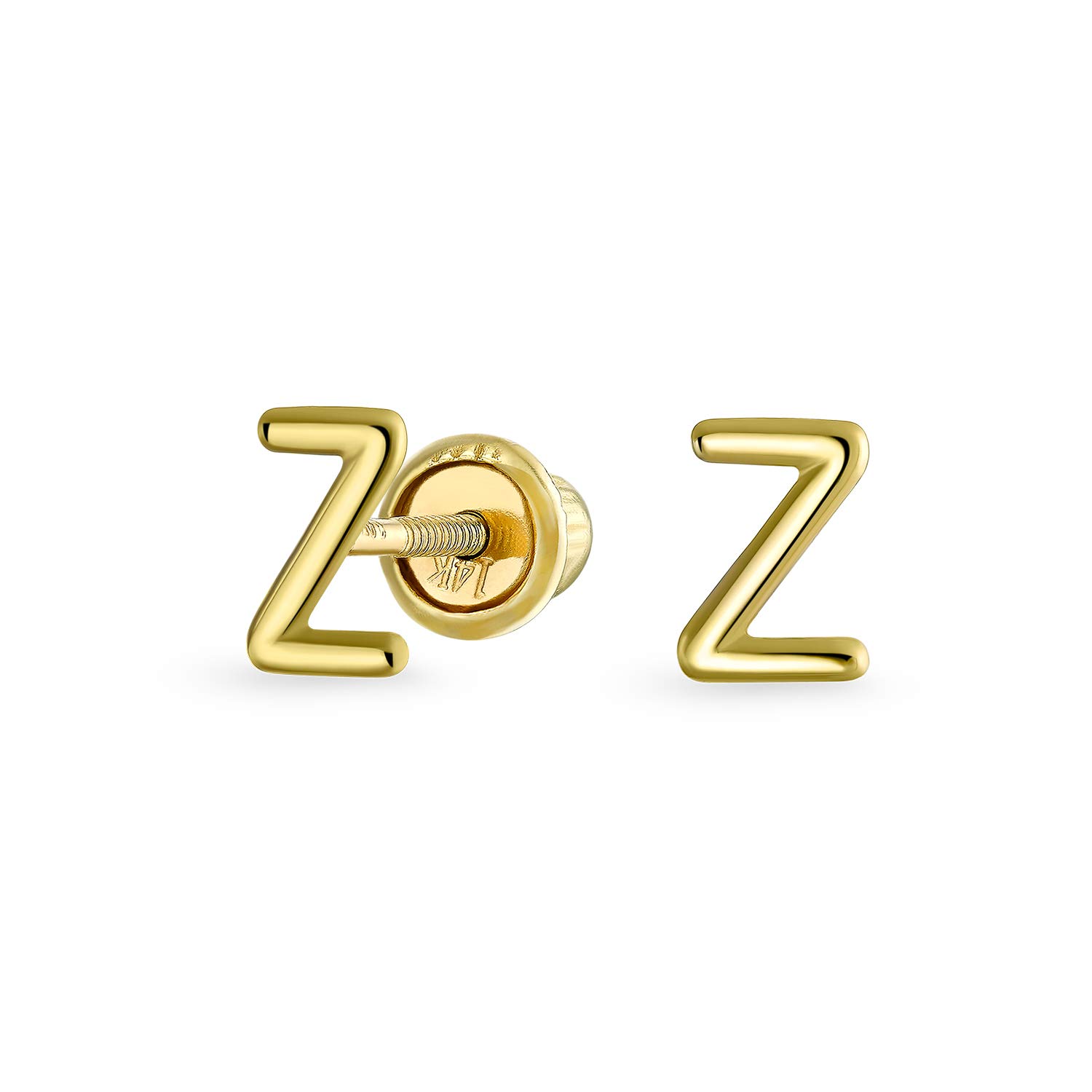 ABC Minimalist Real Yellow 14K Gold Capital Block Alphabet Letter Initial Z Stud Earrings Safety Ball Screw Back For Teen For Women
