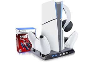 SIKEMAY PS5 Slim Cooling Stand with Charging Station for PlayStation 5 Slim Console(Digital/Disc), Controller Charger Slim Accessories Cooler Silent Fan. Headset Holder, 3 USB Hub, 8 Game Storage - Black