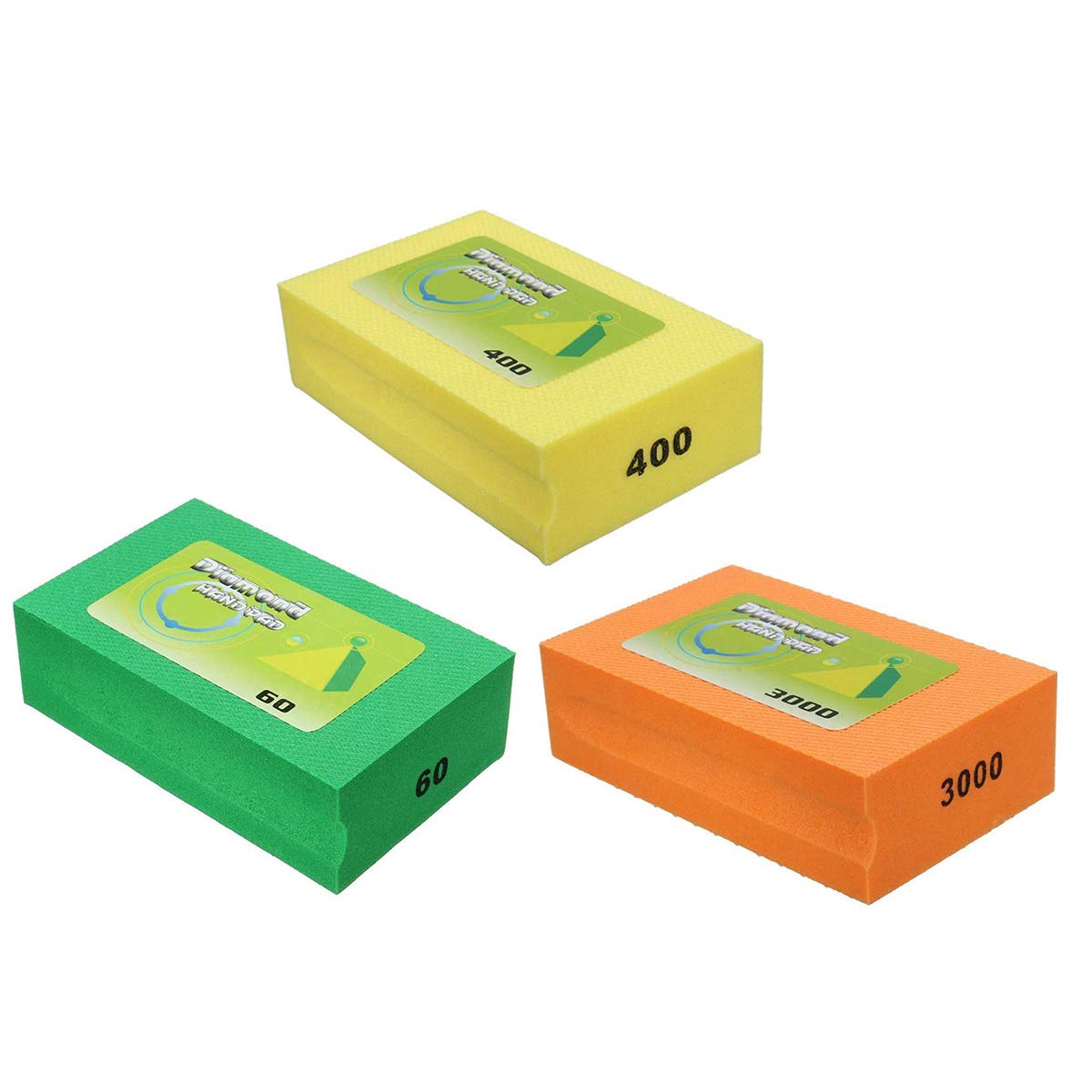 Boxonly 3 PCS Sanding Blocks 60 Grits+400 Grits+3000 Grits Polishing Grinding Block Diamond Polishing Hand Pads Block for Granite Marble Glass Grinding