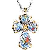 Shop LC Stainless Steel Cross Necklace, Rainbow Color Murano Style Glass | 20-Inch Chain, Celtic Faith Religious Christian Jewelry