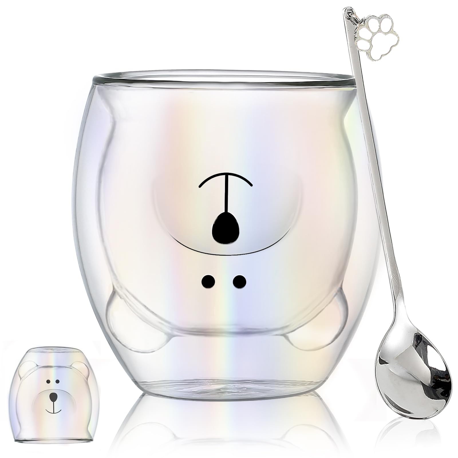 Binoster Bear Cup Cute Mugs for Women Iridescent Glass Double Wall Insulated Glasses Espresso Cup, Coffee Cup,Tea Cup,Milk Cup, Friend Gifts for Women Birthday Christmas Office and Personal