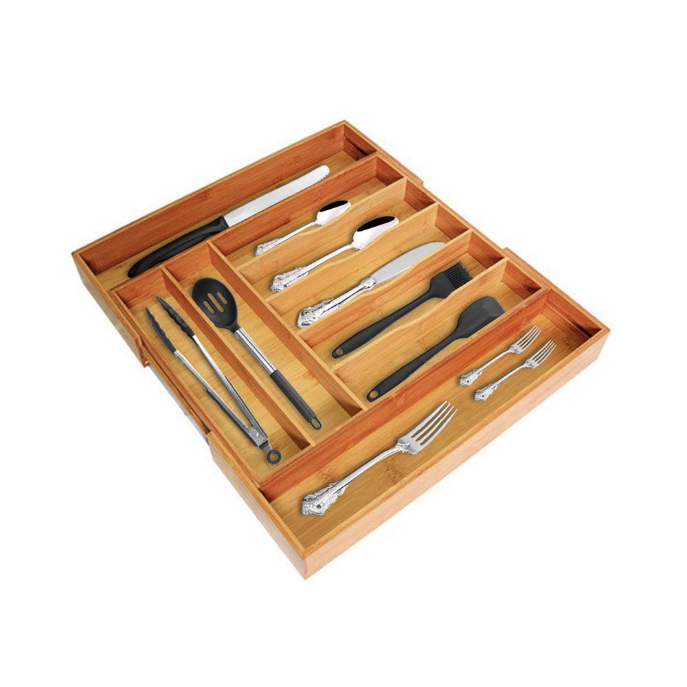 Bamboo Drawer Organizer Kitchen Silverware Utensil tray for Spoons Fork Cutlery Holder Cabinet with Expandable Dividers Adjustable Trays Wooden Flatware Storage Accessories Made with 100% Bamboo