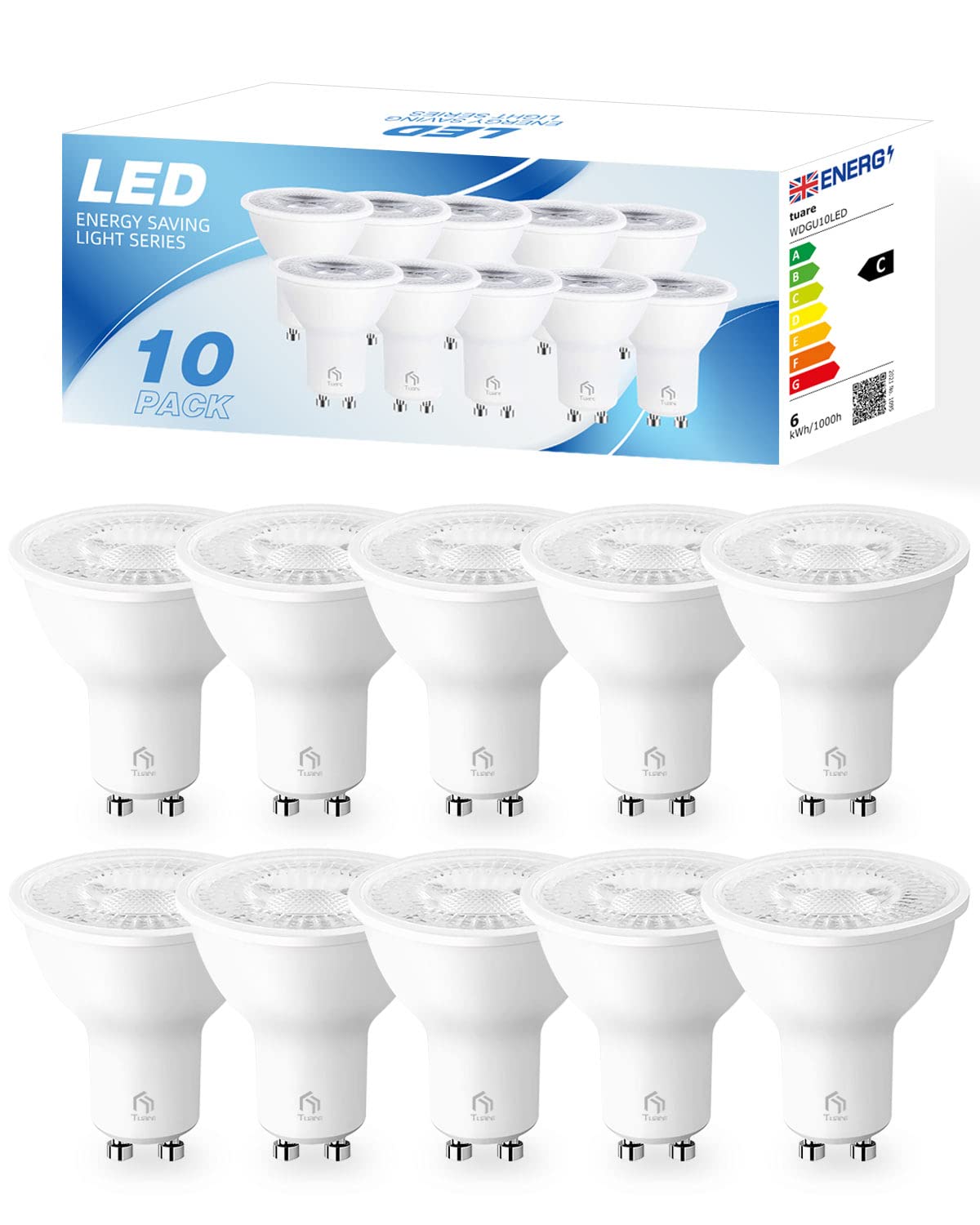 tuare GU10 LED Bulbs, Cool White 6000K GU10 Bulb 7W 350LM, 50W Halogen Equivalent, AC 220-245V, Non-Dimmable for Home, Office, and Commercial Lighting, 10 Pack