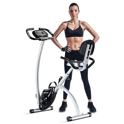 BCAN Folding Exercise Bike, Magnetic Upright Bicycle with Heart Rate, Speed, Distance, Calorie Monitor, 330LBS Support - Grey/Black 2020 Version