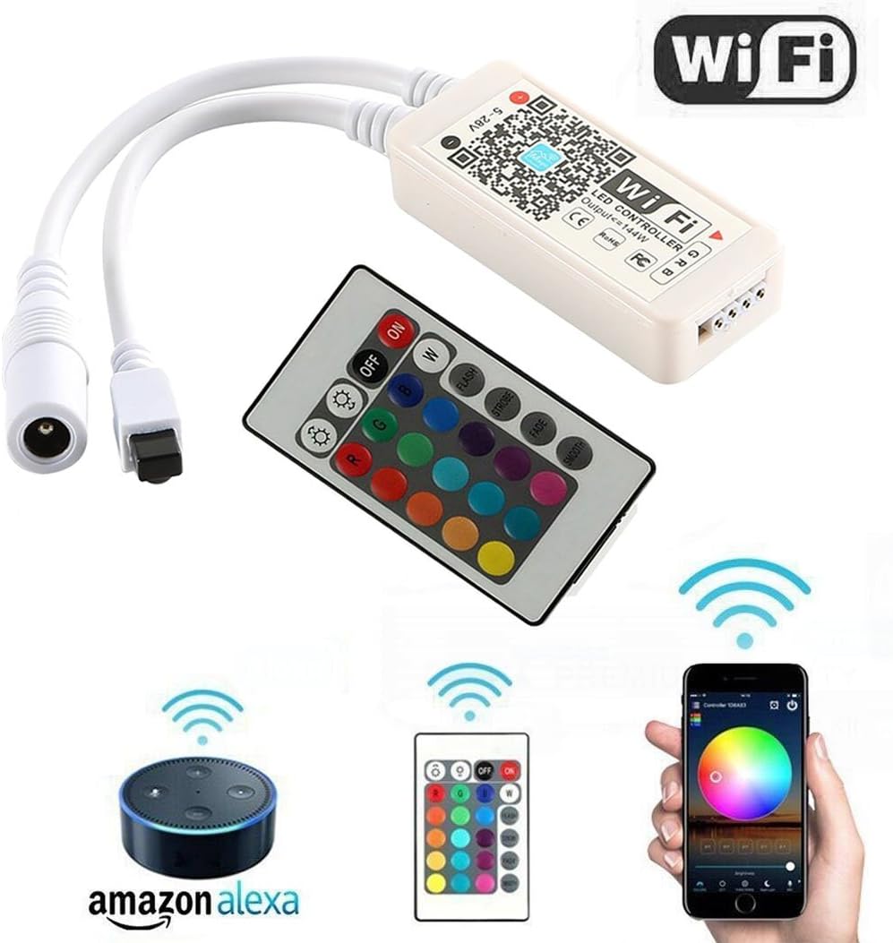 WiFi Wireless RGB LED Smart Controller Working with Android iOS System Mobile Phone Free App for 5050 3528 LED Light Strip Comes with a 24 Keys Remote Control, Fits for Alexa,Google Home,IFTTT