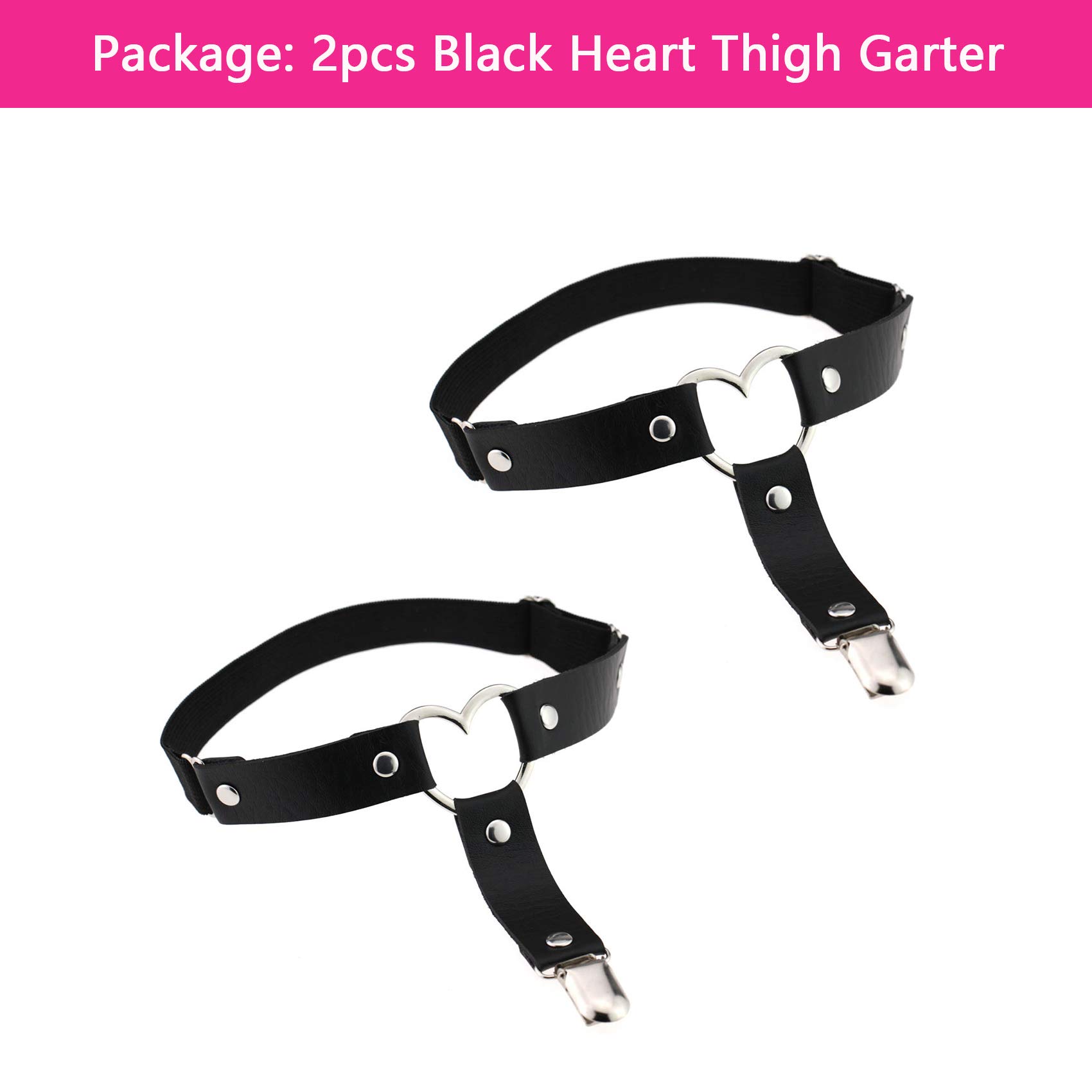 2pcs Adjustable Heart Thigh Garter with Anti-Slip Clips, Elastic Punk Leg Garters for Women, Black