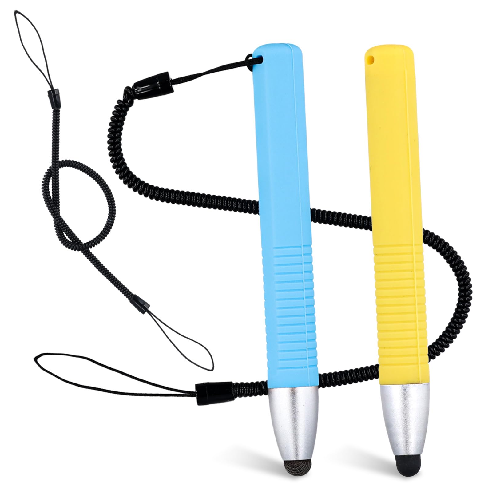 2pcs CAPACITIVE STYLUS Pens for Touch Screens, with Spring Cord - Children's Tablet Stylus for Smartphones and Tablets (Blue, Yellow)