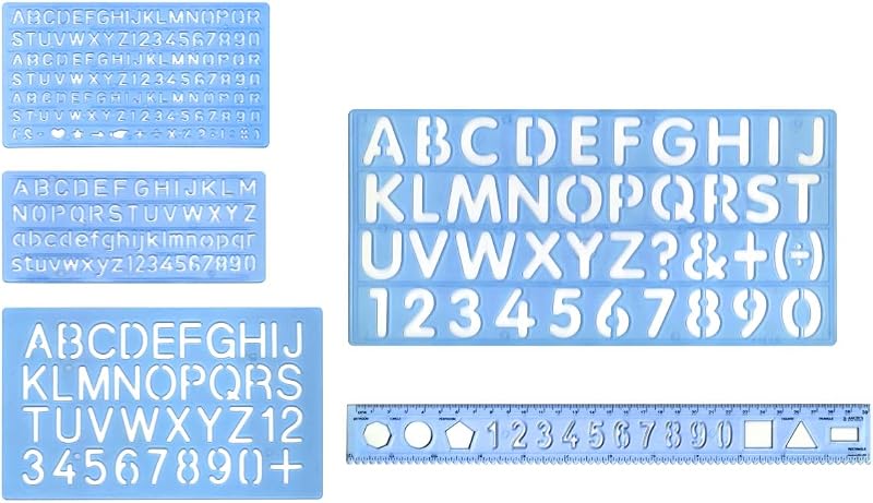 Liquidraw 5 Piece Lettering Stencil Set with 30 cm Ruler - 6 Font Sizes