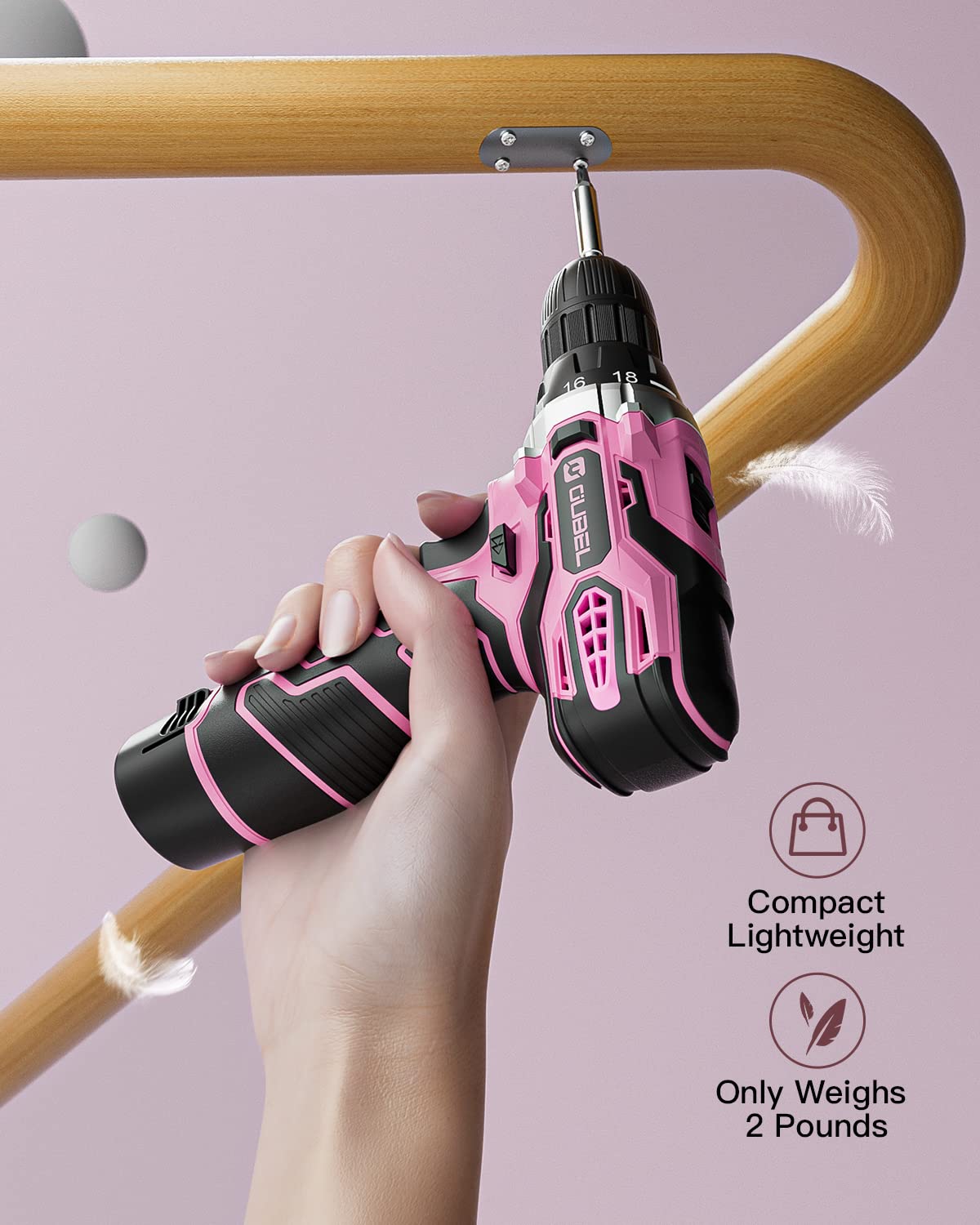 Drill Set, OUBEL 12V Cordless Drill Pink with 42 Acessories, Pink Power Drill Cordless with 3/8