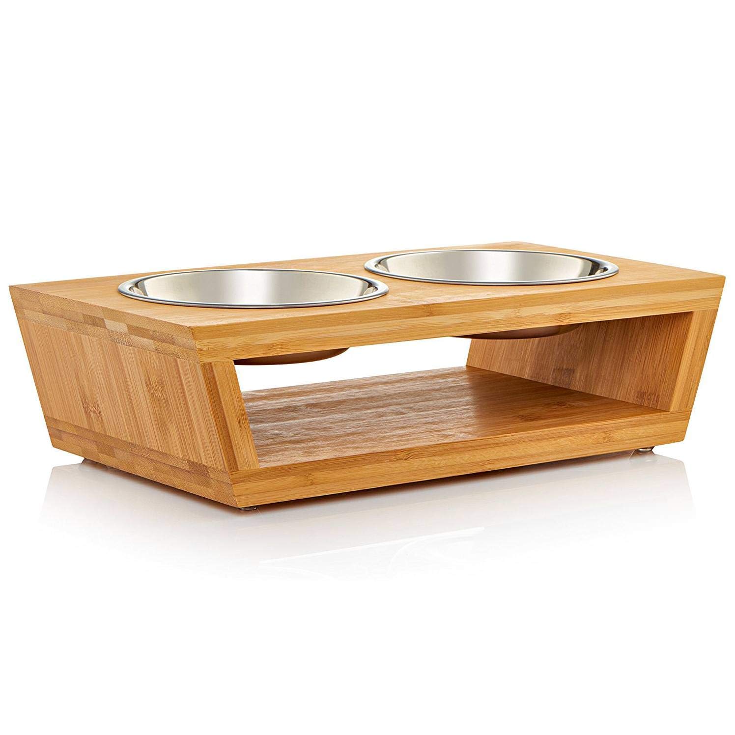 Migosset Pet Feeder - Elevated Bamboo Bowl Holder for Cats and Small, Breed Dogs - Wooden Raised Feeding Station - Includes 4 Stainless Steel Bowls: 2 350ml, 2 600ml - 4" x 14" x 7" - Small