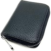 Art&Beauty 12 Slots RFID Blocking Genuine Leather Small Card Case Accordion Wallet with Zipper for Women or Men(Black)