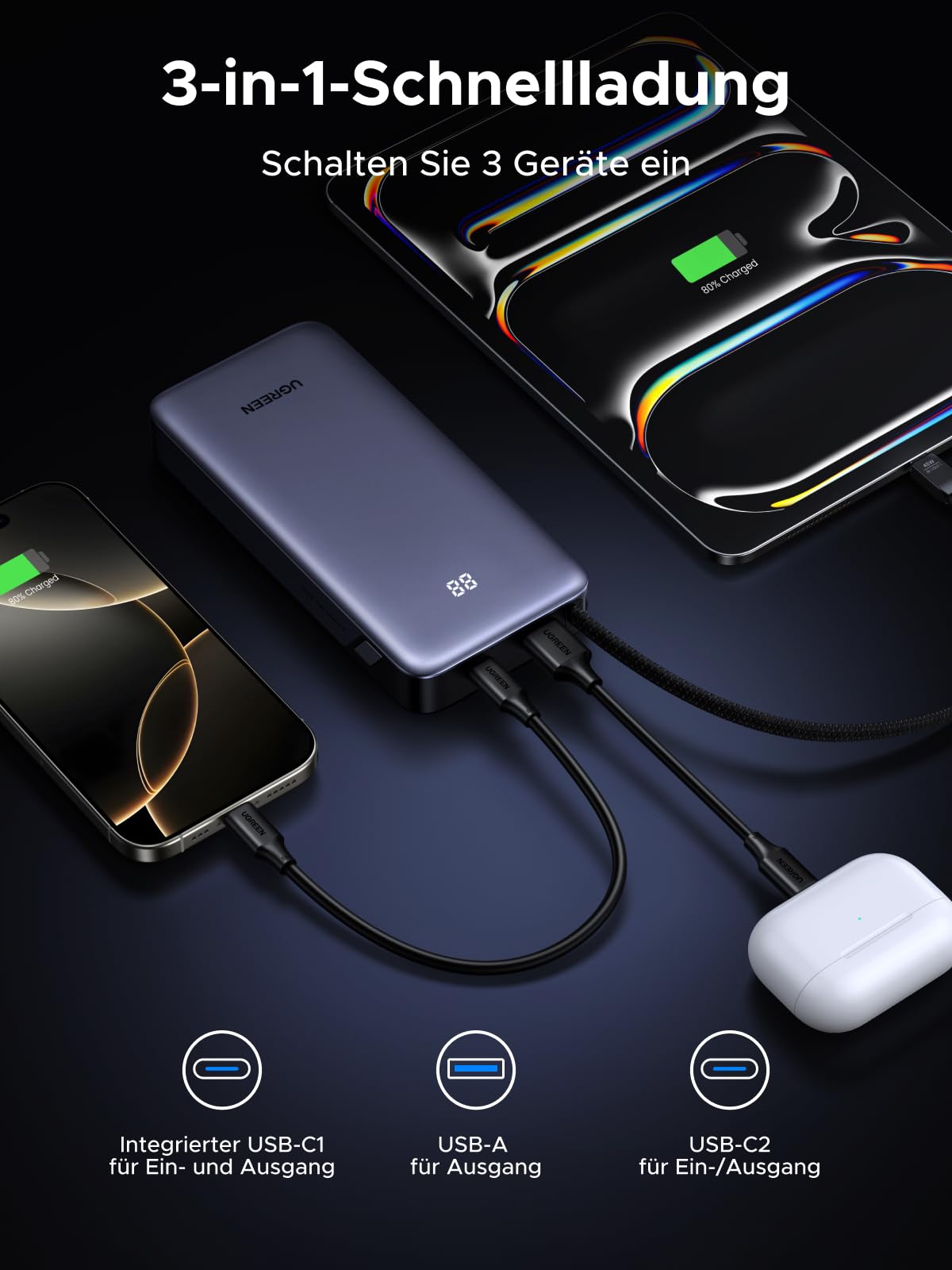 UGREEN Power Bank, 20000mAh 45W Schnellladen mit Integriertem USB-C Kabel & Bidirektionalem 45W PD, Externe Handyakkus Kompatibel mit Galaxy S25 Ultra/S25+, iPhone 17/16 Serie, iPad, Laptop und mehr 4