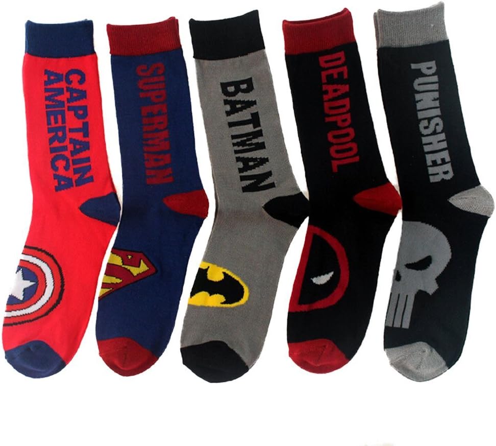 Men's Batman Superman Captain America Deadpool Punisher Design Cotton Socks Pack of 5
