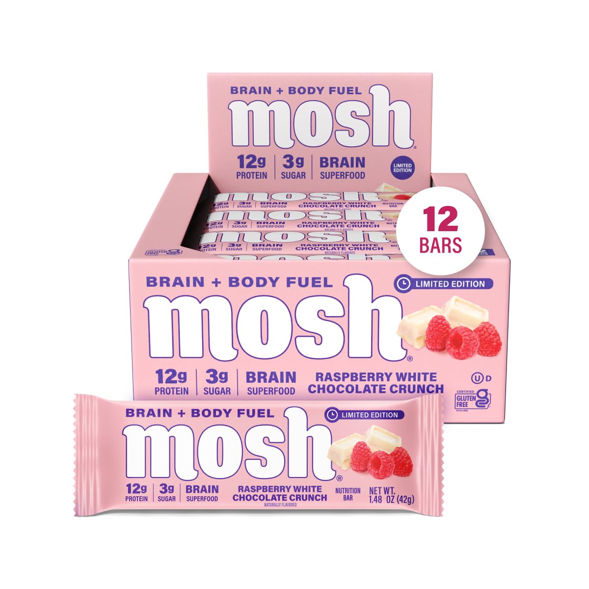 Photo 1 of MOSH Raspberry White Chocolate Crunch Keto Protein Bars, High Fiber, Low Carb, Gluten Free, High Protein, Brain Healthy Snack, 12 Count
