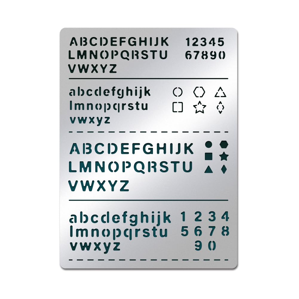 BENECREAT Metal Letter Stencils, Upper and Lower Case Letters, Pentagrams, Triangles Stainless Steel Stencil, Logbook Tool for Painting, Wood Burning, Carving and Lettering, 19x14cm