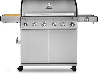 Burnhard 6-Brenner Gasgrill Fat Fred, inkl. Infrarot Keramikbrenner und Seitenbrenner, Edelstahl Grillwagen mit Seitentisch, Gusseisen-Grillrost, Deckel-Thermometer, Piezozündung inkl. Abdeckhaube