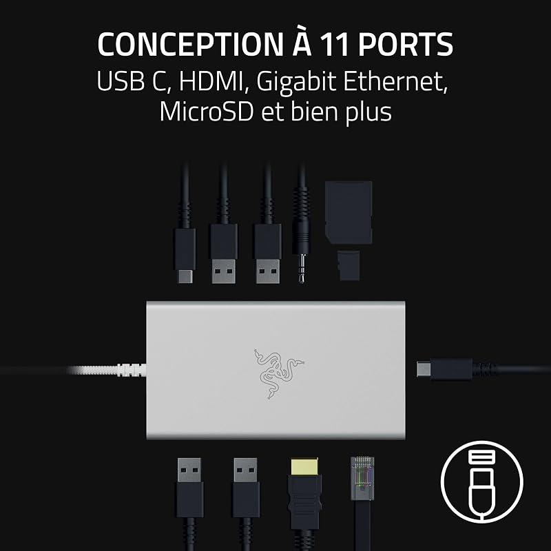 Station d'accueil USB-C - 11 Ports avec HDMI, Gigabit Ethernet, Port Audio 3,5 mm, USB-A et -C, Compatible avec Windows et Mac (Sortie d'écran avec 4K, Son Surround 7.1) Mercury