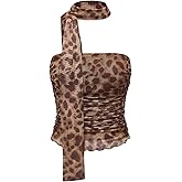 LOFAAC Women Y2K Strapless Leopard Print Tube Top Sexy Sleeveless Ruched Mesh Bandeau Going Out Crop Top with Scarf Club