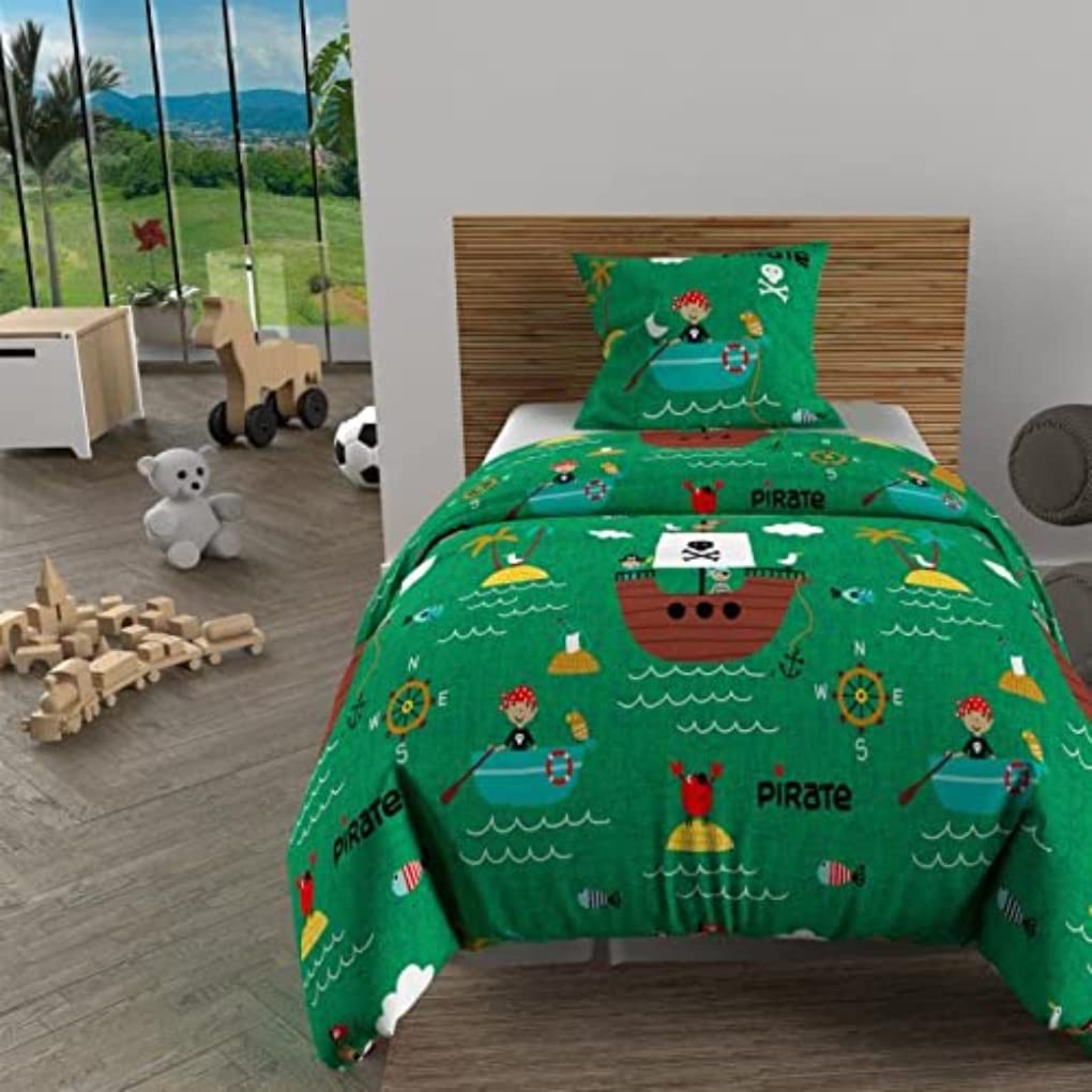 Soleil d'ocre, Duvet Cover Set, 140 x 200 cm, Pirates Green, 100% Cotton, 57 Threads/cm²