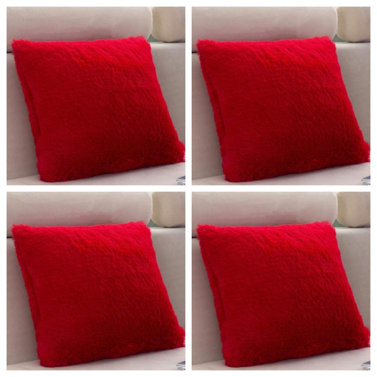 SET OF 4 - Extra Soft Teddy Bear Faux Fur Fleece Cushion Covers 45cm x 45cm / 18x18-14 Amazing Colours (Red)