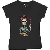 Tee Hunt Frida Calavera Sugar Skull Women's V-Neck T-Shirt Day of The Dead Art Dia de Los Muertos Mexican Artist Tee