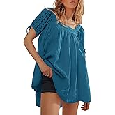 Tankaneo Womens Square Neck Babydoll Tops Summer Puff Short Sleeve Tunic Shirts Casual Loose Fit Blouse