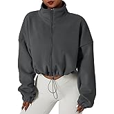Muchpow Women's Full Zip Fleece Short Jackets Casual Winter Long Sleeve Stand Collar Sherpa Crop Coat