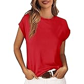 Cicy Bell Women Summer Cap Sleeve Tops Casual Crew Neck Plain T Shirts Loose Fit Basic Tees Red