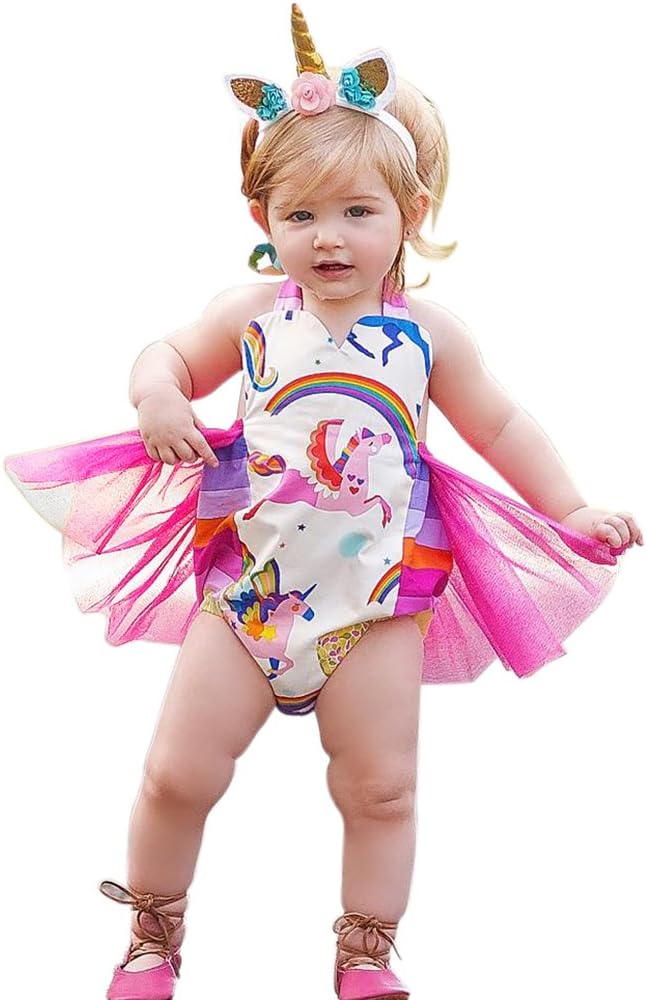 JoyJon Baby Girls Romper Unicorn Rainbow Print Ruffle Princess Clothes with Unicorn Headband Jumpsuit Outfits for Girls