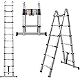 A-Frame Telescoping Ladder 12.5ft, 2-in-1 Folding Ladder Adjustable Height 6 + 6 Steps, Home Ladder with Stabilizer Bar, 330lbs Max Load, Folded Height 2.84ft, Space Saving, Easy to Transport