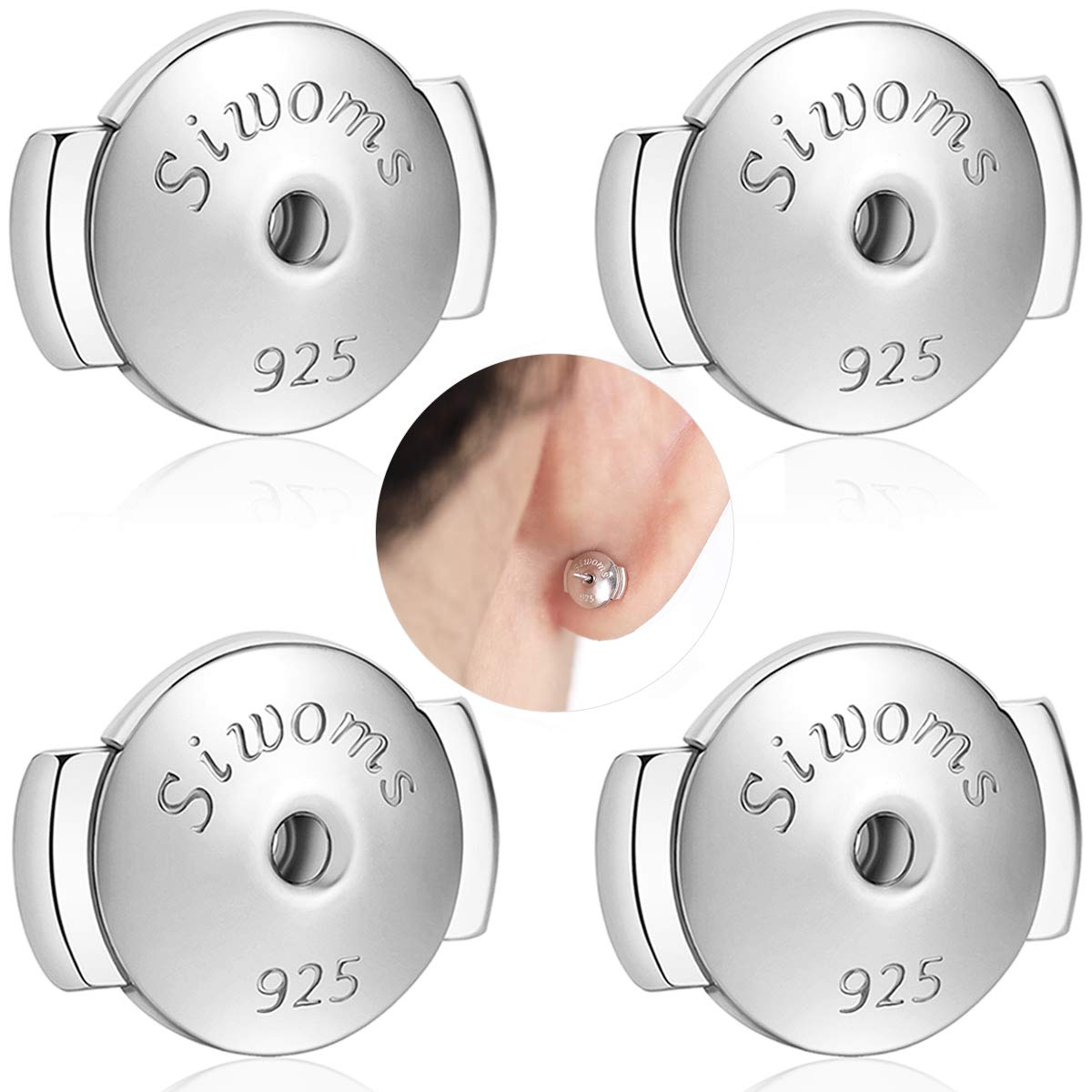 Photo 1 of 2-Pairs Locking Earring Backs for Studs - 18K White Gold Plated Secure Replacements Earring Backings, Hypoallergenic (7mm)