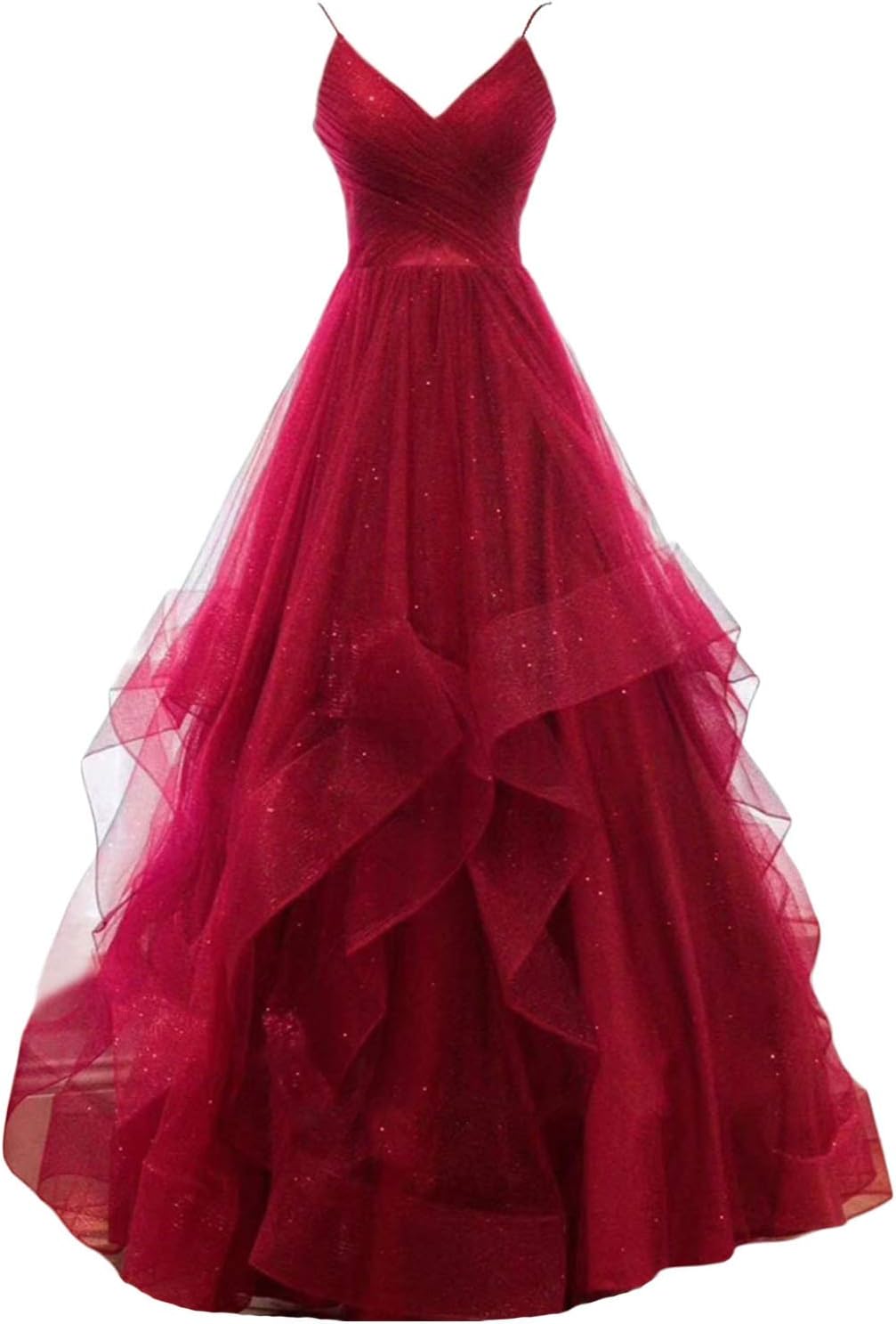 OYILAN Women's Long V-Neck Glitter Tulle Prom Party Dress With Open Back On035