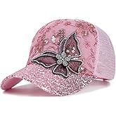 ANKOMINA Women's Sparkly Sequin Butterfly Baseball Cap Trucker Mesh Ponytail Cap Shiny Casual Sports Sun Hat
