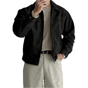 SOLY HUX Men's Zip Up Suede Jacket Long Sleeve Collared Casual Outerwear Fall Winter Coat