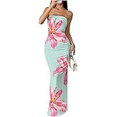 Floerns Women's Floral Print Strapless Tube Dress Bodycon Split Vacation Maxi Dresses