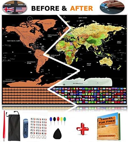 Scratch Off World Travel Map Poster With Accessories, Scratchable Country Flag &amp; Capitals Including USA, United States &amp; North America [Free Bonus Ebook] Large Size 34.6"x 23.6"