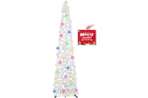 MACTING Pop Up Christmas Tree with 50 LED Lights Timer 5FT White Collapsible Tinsel Pencil Tree Easy-Assembly Coastal Glitter Artificial Tree for Porch Apartment Corner Home Party Xmas Decorations