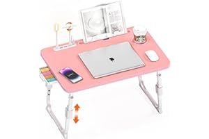 DECOSIS Bed Desk Height Adjustable, Bed Laptop Table with USB/Storage Drawer/Cup Holder/Tablet Stand/Book Shelf, Foldable Breakfast Tray Portable for Reading Writing, Bed, Sofa & Floor, Wood, Pink