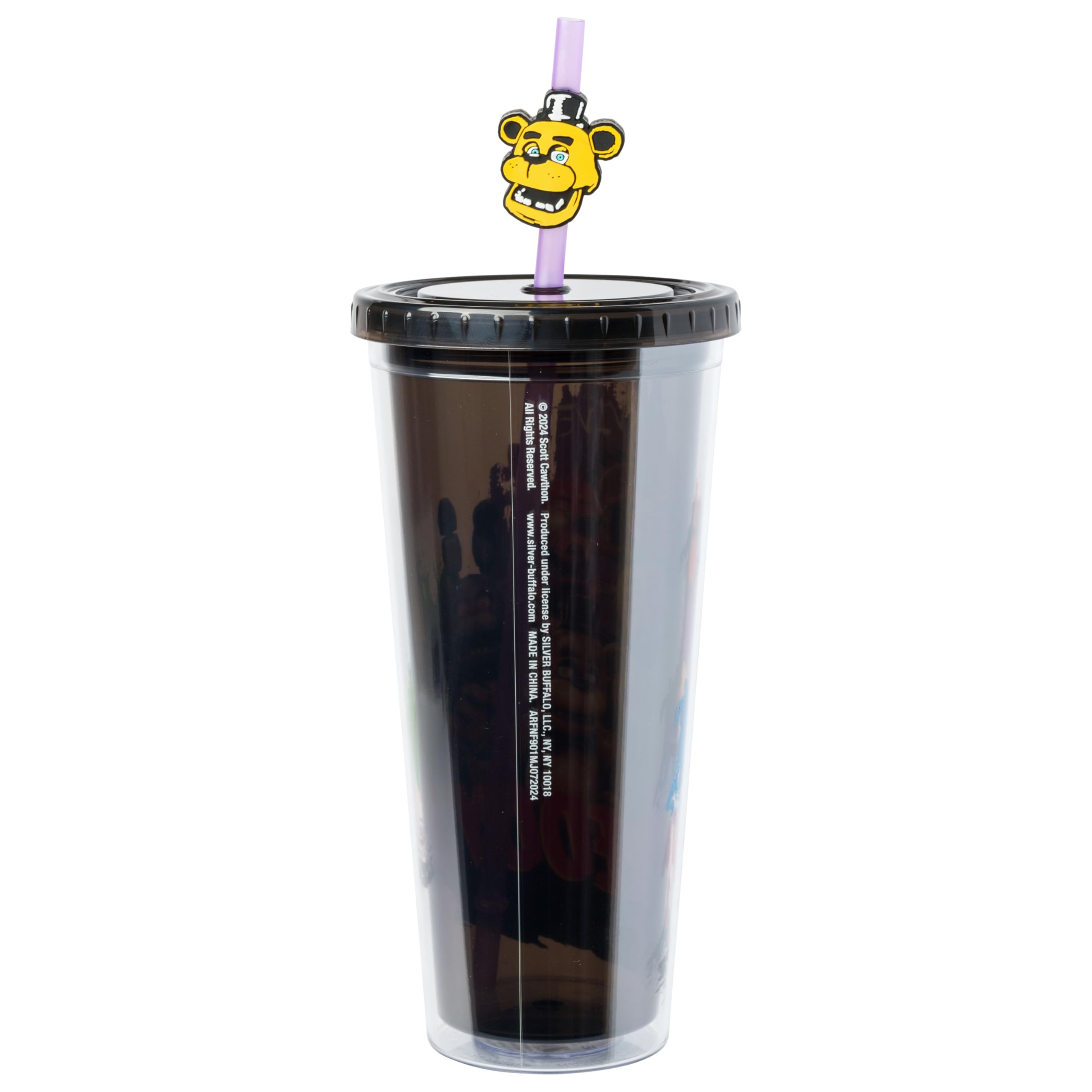 Silver Buffalo Five Nights at Freddy's Plastic Cold Cup with Lid and Straw Topper Featuring Freddy Fazbear, Foxy, Chica, and Bonnie, 24 Ounces