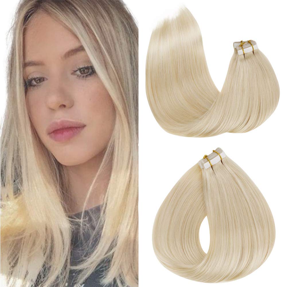 LaaVoo Tape in Hair Extensions Seamless Straight Tape in Hair Bleach Blonde Human Hair Pieces Double Side Tape on Hair European Short Skin Weft Tape in Hair With Strong Tape 20pcs/50g 14inch