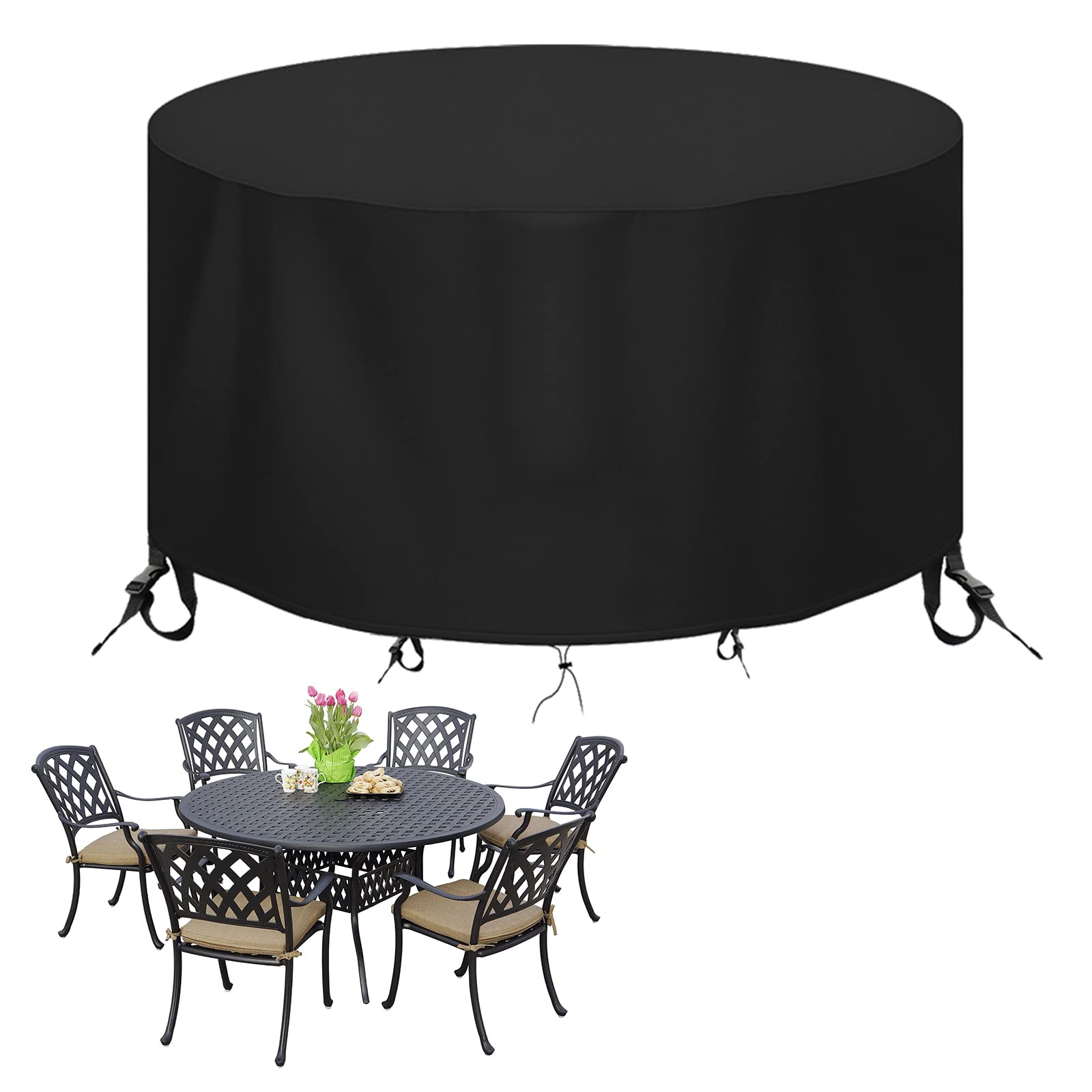 Round Patio Table Cover - Heavy Duty 600D Garden Furniture Covers Waterproof - Outdoor Rattan Table and Chair Set Protector Windproof Anti-UV Rip Proof, Ø190 x 80cm, Black