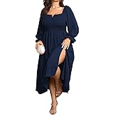 SCOMCHIC Womens Plus Size Maxi Dress Long Sleeve Square Neck Smocked Wedding Guest Flowy Split Fall Dresses with Pockets