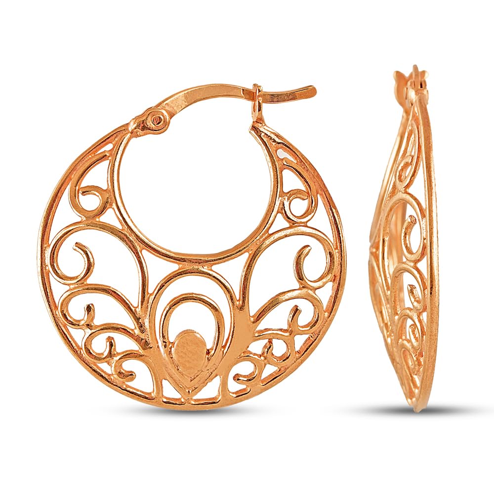 Charmsy 925 Sterling Silver Elegant 18K Rose-Gold Plated 925 Sterling Silver Filigree Hoop Earrings for Women | Lightweight Click-Top Filigree Cut-Out Dangle Earring | Size 26mm