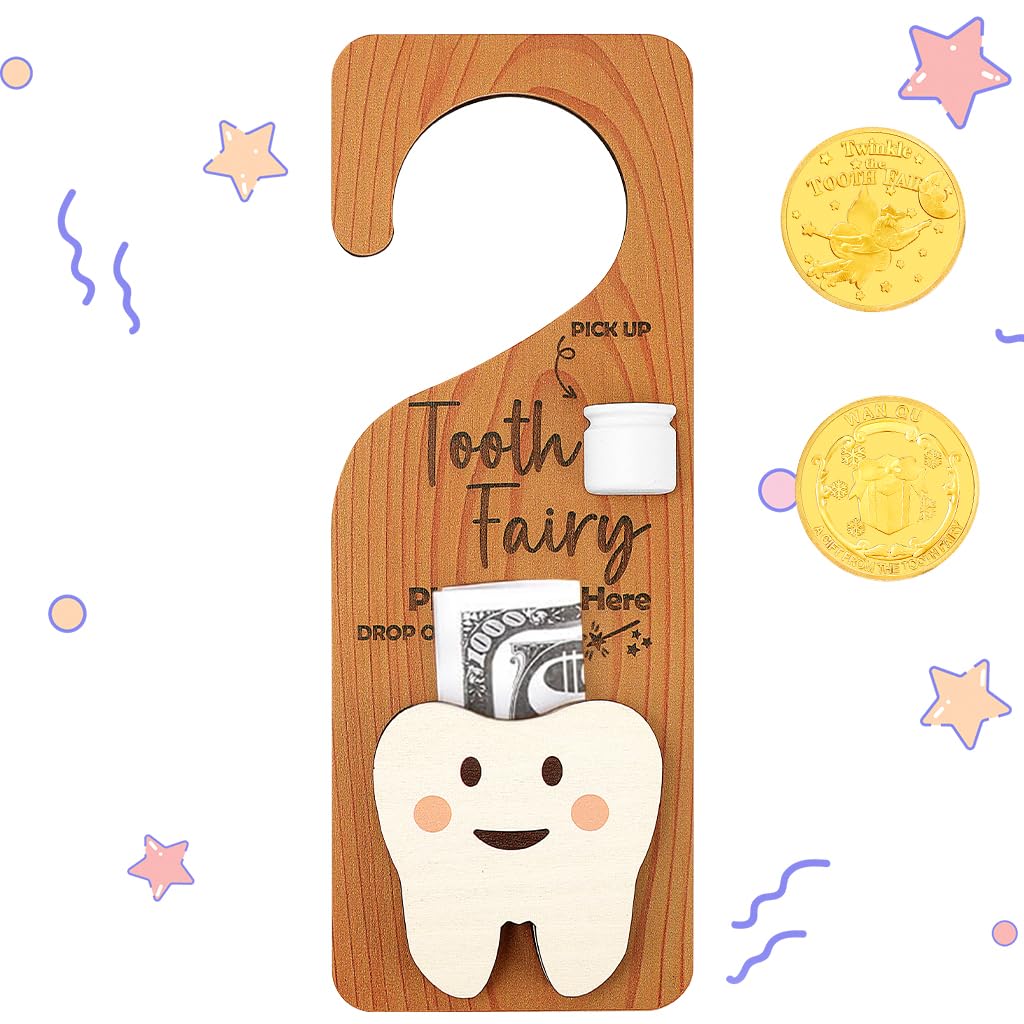 Photo 1 of WALLFID 2-in-1 Design Tooth Fairy Door Hanger,Tooth Design Tooth Fairy Tooth Holder with Gift Compartment,Tooth Fairy Gifts Including Tooth Fairy Coins,Ideal for Celebrating Lost Teeth (Wood 1)