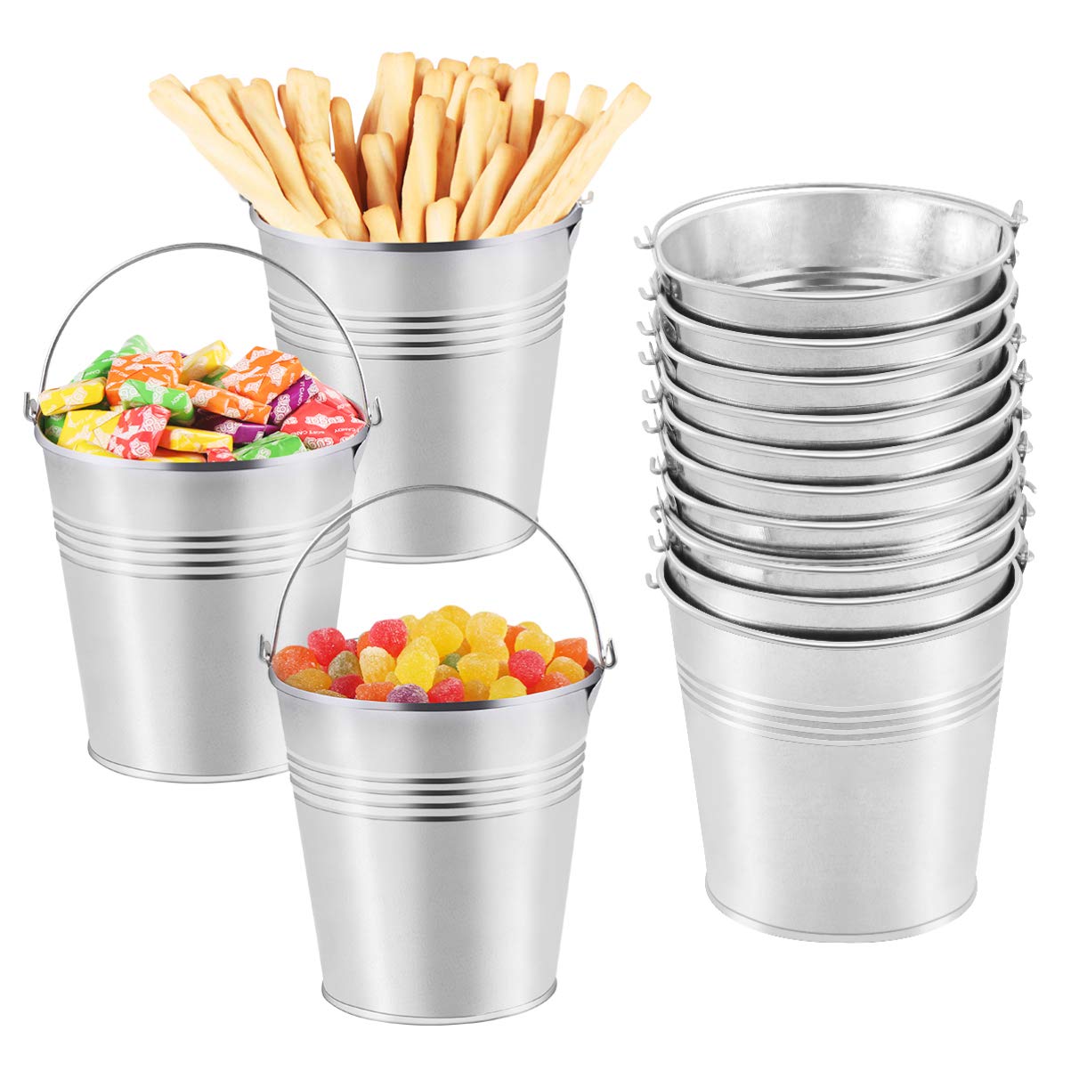 Photo 1 of Toyvian Metal Buckets Mini Tinplate Bucket,4 Inch Metallic Pails with Handle for Party Favors, Candy, Votive Candles, Trinkets, Small Plants,12 Pieces
